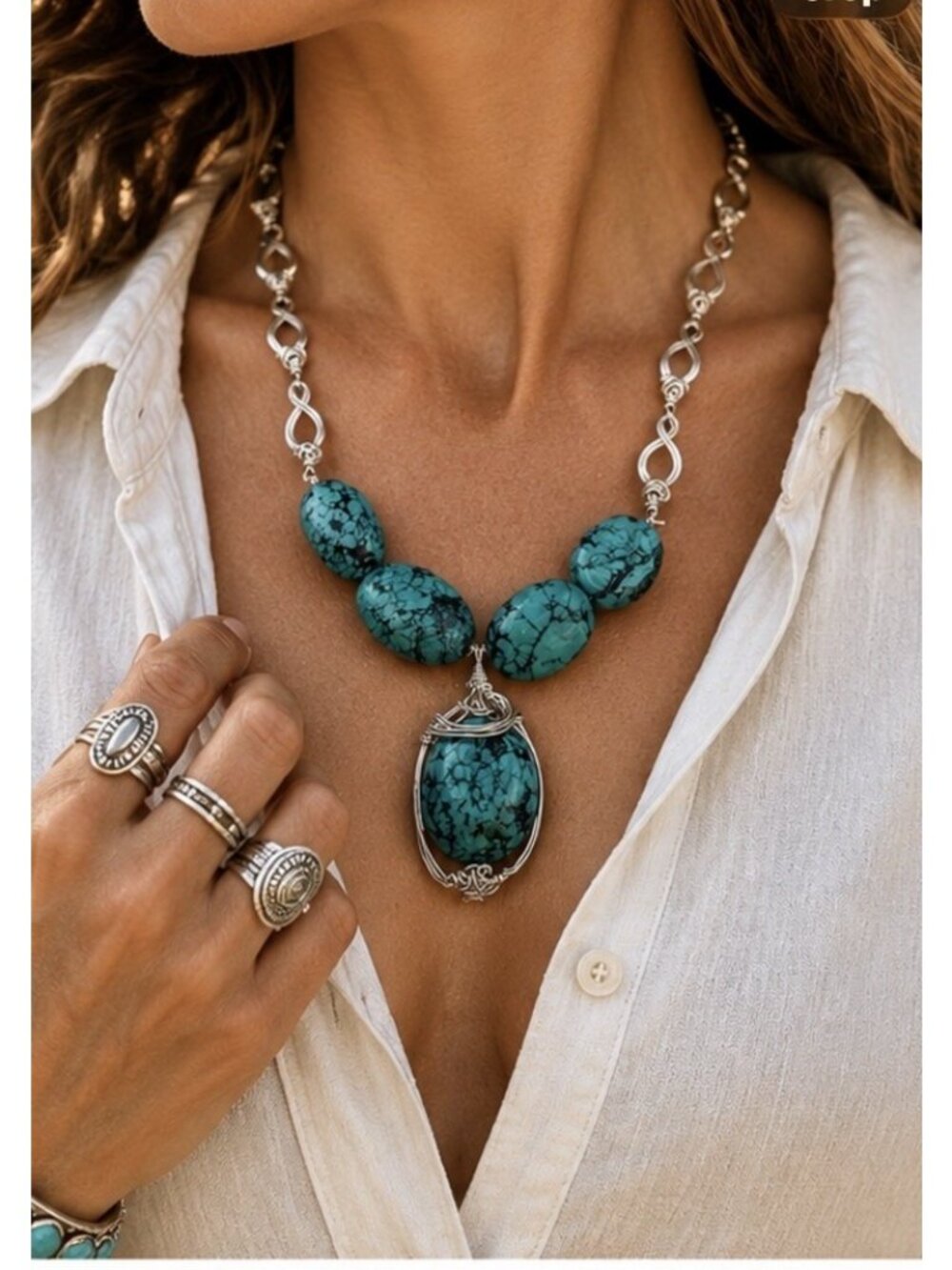 Artisan 925 Sterling Silver Faux Turquoise Chunky Statement Necklace Southwest